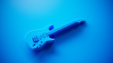 Mavi altı telli elektro gitar. Dört pikaplı bir müzik aleti. Mavi arka planda stüdyo ışığı olan zarif bir müzik aleti çekimi. Rock, heavy metal, blues, pop, rhythm, lead, gitar.