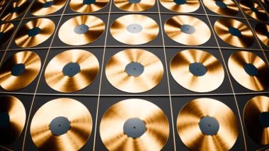 Altın plak plaklarıyla kusursuz döngülü animasyon. Müzik kayıtları. Retro ses. Klasik plaklardaki ses albümleri. Gramofon plak koleksiyonu. Müzik tutkusu. Favori şarkılar.