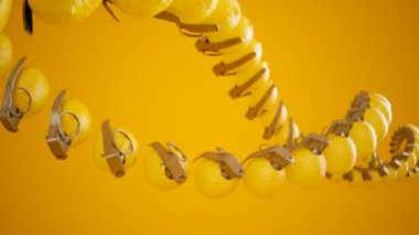 Sarı arka plandaki DNA sarmalı gibi bükülmüş bir dizi limon el bombasıyla kusursuz döngü animasyonu. Meyve mermileri sarmal şekillerde dizilmiş. Sulu vitamin bombaları. Çok komik. Citrus..