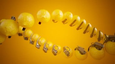 Sarı arka plandaki DNA sarmalı gibi bükülmüş bir dizi limon el bombasıyla kusursuz döngü animasyonu. Meyve mermileri sarmal şekillerde dizilmiş. Sulu vitamin bombaları. Çok komik. Citrus..