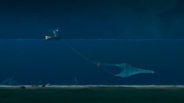 Balıkçı teknesiyle yapılan animasyon denizde balık yakalar. Balıkçı teknesi geceleri ağlarla okyanusta balık tutuyor. Derin suların kesiti. Tekne denize açılıyor. Balıkçılık konsepti. Deniz kaynakları.