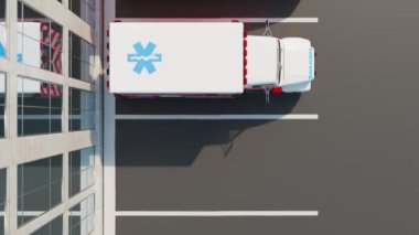 Hastanenin önündeki park yerinde bir sıra ambulans kamyonu bekliyor. Acil durum araçları hayat kurtarmak için ayrılır. Modern acil durum ekipmanları. Sonsuz, kusursuz döngü animasyonu. Güneşli bir hava. Üst görünüm