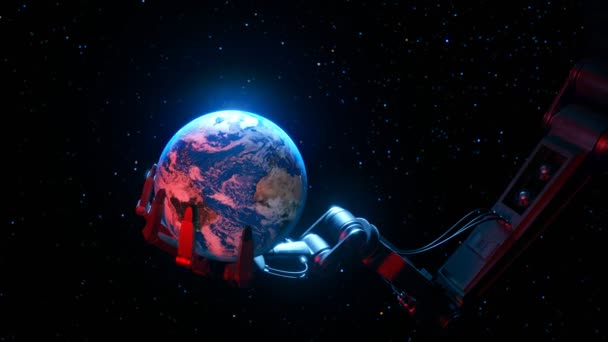 Eine Riesige Cyborg Roboterhand Hält Den Planeten Erde Vor Einem — Stockvideo