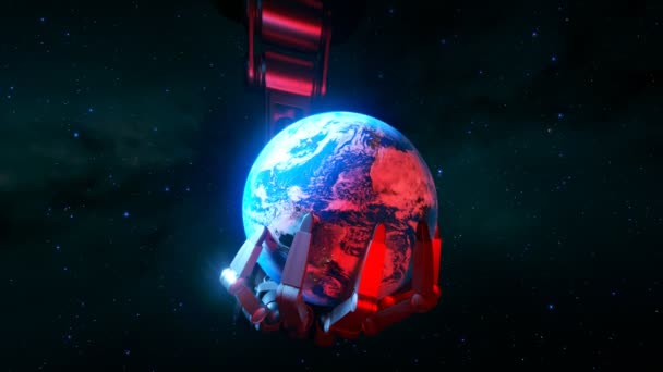 Огромная Киборг Робот Держит Планету Земля Фоне Звездного Неба Голубой — стоковое видео