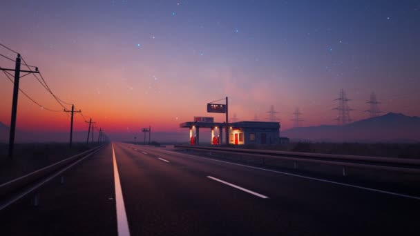 Scena Kinowa Stacji Benzynowej Zachodzie Słońca Piękne Wielokolorowe Niebo Pełne — Wideo stockowe