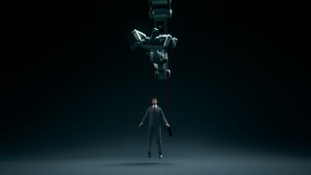 Robotcyborghand Manipulerar Mänsklig Marionett Mörk Bakgrund Puppet Affärsman Ledd Roboten — Stockvideo