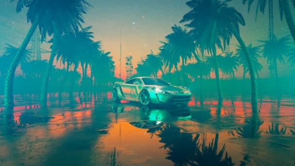 Glänzende Luxus Sportwagen Einem Tropischen Sonnenuntergang Szene Schnelles Auto Gegen — Stockvideo