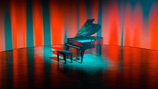 Luxusní Klavír Stojící Jevišti Proti Červeně Osvětleným Závěsům Černá Lesklá — Stock video