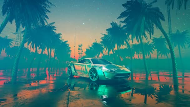 Glänzende Luxus Sportwagen Einem Tropischen Sonnenuntergang Szene Schnelles Auto Gegen — Stockvideo