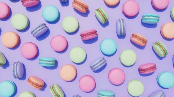 Бесшовный Цикл Анимации Разнообразных Макарон Вкусное Французское Миндальное Печенье Фиолетовом — стоковое видео