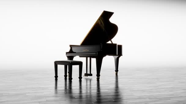 Πολυτελές Πιάνο Στέκεται Μια Φωτεινή Λευκή Σκηνή Τέλειο Μαύρο Γυαλιστερό — Αρχείο Βίντεο