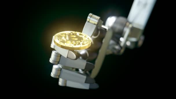旋转加密金比特币Btc动画 一只机械人的手在空中抛出一个闪闪发光的硬币 它慢慢地旋转在黑暗的背景上 虚拟货币的概念 — 图库视频影像