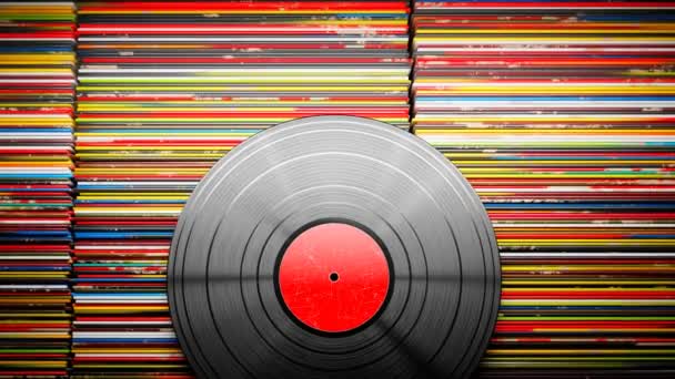 レコードカバー付きのカラフルな背景に対する黒いビニールレコードのアニメーション レトロなサウンド 古典的なビニールのオーディオアルバム グラフォン レコード コレクション 音楽への情熱 お気に入りの曲 — ストック動画