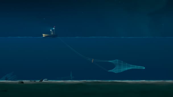 Balıkçı Teknesiyle Yapılan Animasyon Denizde Balık Yakalar Balıkçı Teknesi Geceleri — Stok video