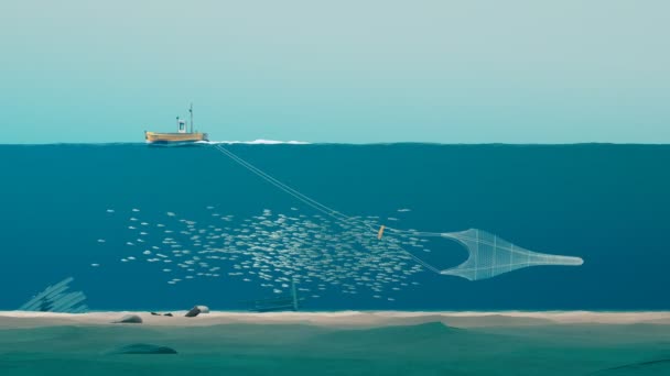 Balıkçı Teknesiyle Yapılan Animasyon Denizde Balık Yakalar Balıkçı Teknesi Gün — Stok video