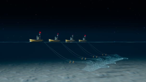 Animacja Trawlerami Łowią Ryby Morzu Rybacy Łowią Nocą Sieci Oceanie — Wideo stockowe