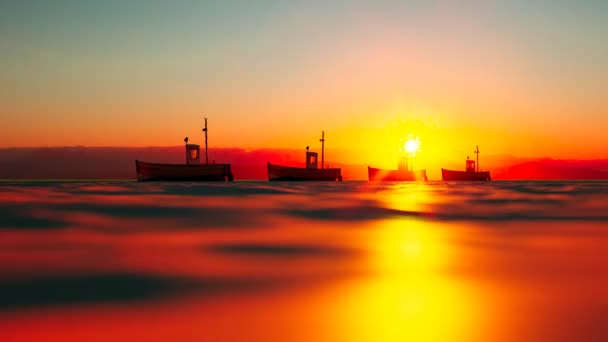 Анімація Траулерами Ловить Рибу Морі Красивому Заході Сонця Помаранчеве Світло — стокове відео