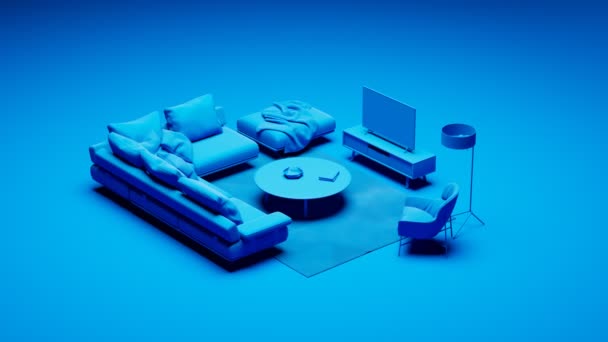 Animace Modrým Monochromatickým Minimalistickým Obývacím Pokojem Moderní Design Interiéru Koncept — Stock video