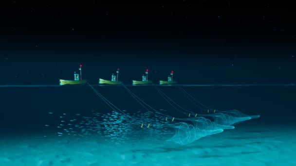 Animacja Trawlerami Łowią Ryby Morzu Rybacy Łowią Nocą Sieci Oceanie — Wideo stockowe