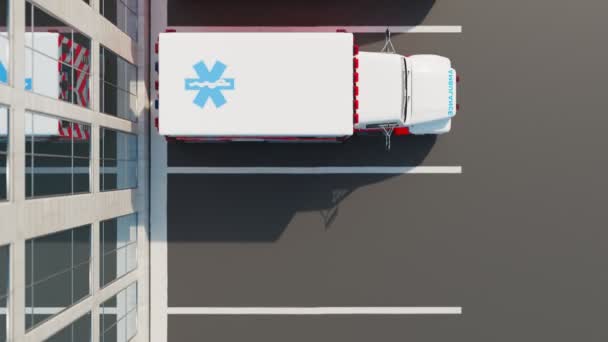 Rad Ambulansbilar Står Parkeringen Framför Ett Sjukhus Räddningsfordon Lämnar För — Stockvideo