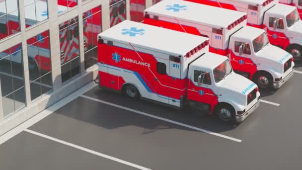 Een Rij Ambulancewagens Parkeerplaats Voor Een Ziekenhuis Noodvoertuigen Vertrekken Levens — Stockvideo
