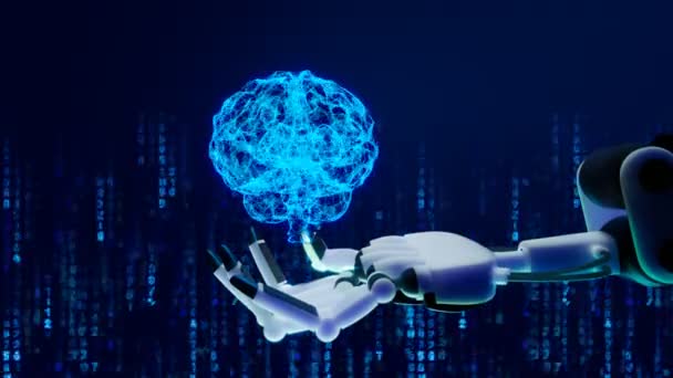 Futuristic Concept Cyborg Hand Holding Digitalized Model Human Brain Robotic — Stock Video