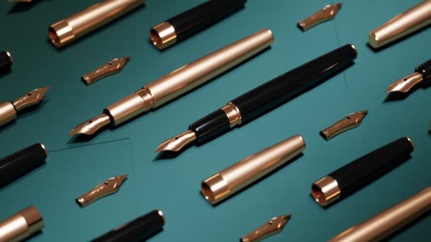 Elegant Gold Black Shiny Fountain Pens Calligraphy Nibs Beautifully Arranged — Stock Video