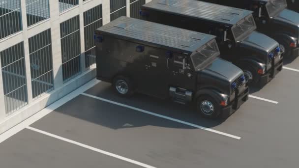 Gepanzerte Lastwagen Stehen Auf Einem Parkplatz Vor Einem Armeestützpunkt Panzerwagen — Stockvideo