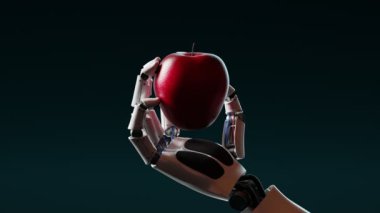 Siyah arka planda bir elmayı tutan robotik kol kavramı. Tarımda kullanılan yapay zeka. Gelişmiş makineler yiyecek üretiyor. Animasyon bir fikrin yaratılmasını gösterir.