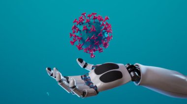 Modern robotik kol kavramının büyük virüs moleküllerini barındırması. Yapay zeka bilim ve laboratuvarda kullanılır. Aşı arayan gelişmiş algoritmalar. CGI Hazırla