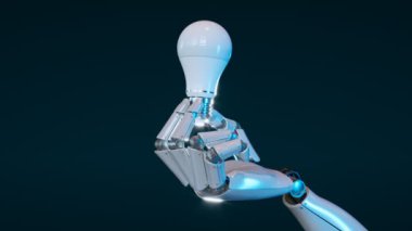 Parlak metal robotik el ampulü tutuyor. Yenilenebilir enerji kaynakları üzerinde çalışan yapay zekanın gelecekteki konsepti. Yeşil bir çevre için yapay zekayı kullanmak. CGI oluşturucu.
