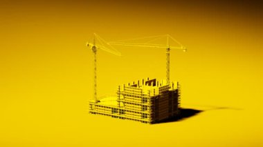 Hareket eden vinçleri olan bir inşaat alanının animasyonu. Monokromatik sarı, inşaat endüstrisinin basit bir temsili veya mühendislik işleri veya geliştirme şirketi.