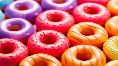 Çeşit çeşit donutların kusursuz döngüsü. Çikolata kaplı, gökkuşağı jöleli, serpiştirilmiş ya da pudra şekerli bir sürü tatlı çörek. Renkli çeşitli donutlar. 4k HD