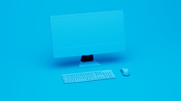 Μεμονωμένο Σύγχρονο Υπολογιστή Μπλε Φόντο Οικοδομήσουμε Από Οθόνη Υπολογιστή Πληκτρολόγιο — Αρχείο Βίντεο