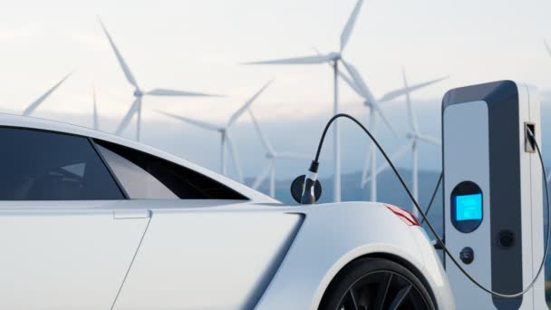 充電器に接続された電気自動車とのアニメーション 代替エネルギー産業の概念 持続可能な資源 風力タービンによって電気を生成するために風を使用して グリーンエレクトロモビリティ — ストック動画