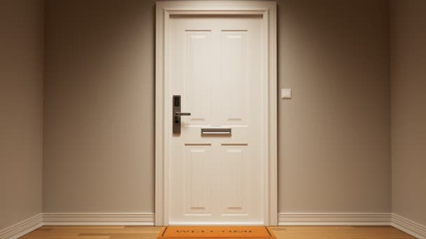 明るい木製のドアに取付けられている優雅で金属のスマートなロック システム パスワード ピン番号 キーが必要です バーガー防止の安全な家庭技術 接続された現代スマートな家電 — ストック動画