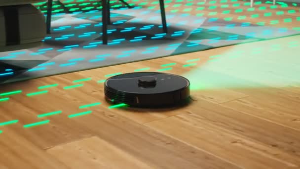 Robottisztító Tisztítja Szobát Elkerülve Akadályokat Detektorok Segítenek Felismerni Falakat Más — Stock videók