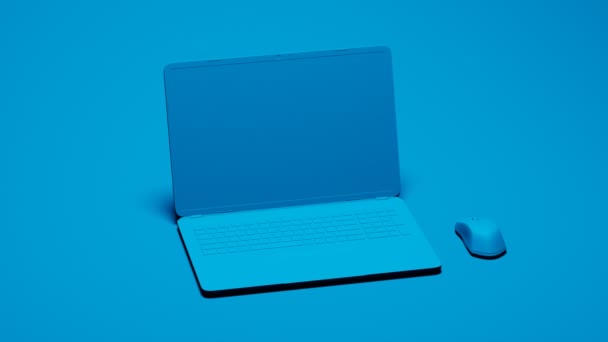Caderno Moderno Monocromático Azul Com Mouse Sem Fio Iluminação Estúdio — Vídeo de Stock