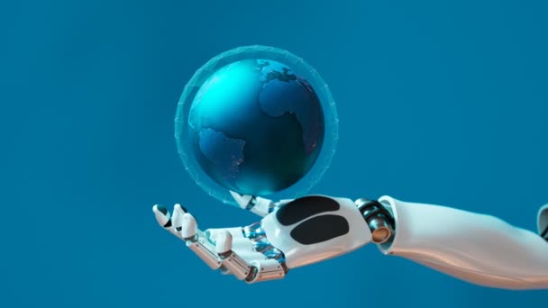 Conceito Futurista Braço Cyborg Segurando Brilhante Modelo Terra Inteligência Artificial — Vídeo de Stock