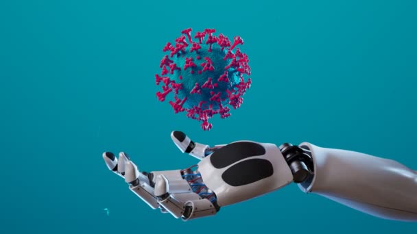 Futurystyczna Koncepcja Nowoczesnego Ramienia Robota Trzymającego Dużą Cząsteczkę Wirusa Sztuczna — Wideo stockowe