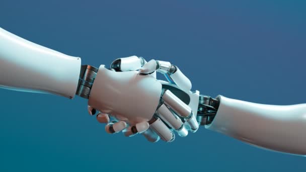 Futuristisch Concept Van Witte Metalen Robotarm Handdruk Blauwe Achtergrond Symbool — Stockvideo