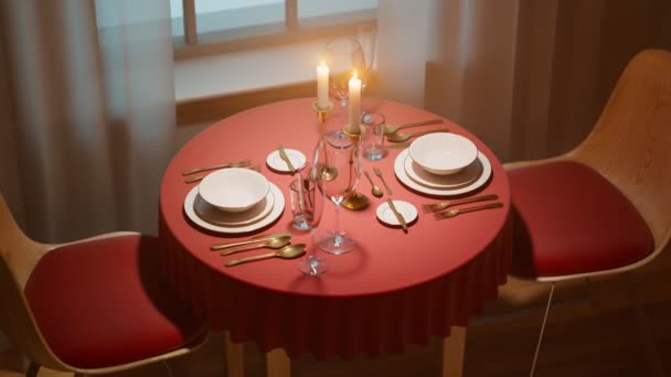 Таблиця Призначена Романтичної Дати Ювілею Порожні Тарілки Келихи Вина Посуд — стокове відео