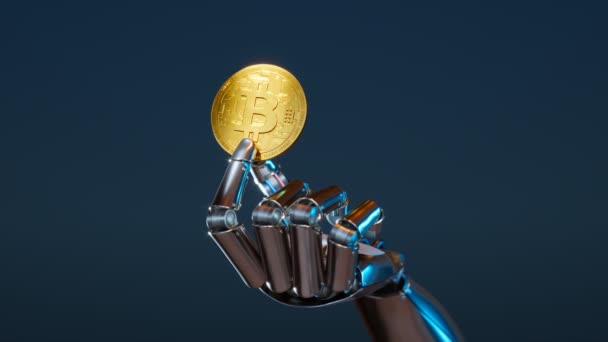 青色の背景にビットコインを保持する金属製のロボットハンドによるアニメーション 分散型金融システムのシンボル 光沢のあるデジタル通貨 ブロックチェーンを管理する人工知能 — ストック動画