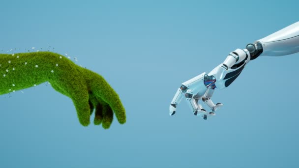 Futurisztikus Koncepció Animáció Fényes Fémes Robotkarú Érintőkarjával Zöld Fűvel Borítva — Stock videók
