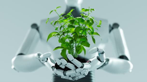Concept Futuriste Robot Métallique Blanc Tenant Une Plante Croissance Avec — Video