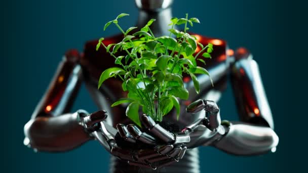 緑の葉で成長する植物を保持する暗くて金属製のロボットの未来的なコンセプト ボタンで人工知能を使用する 農業の世話をする現代技術の未来的な概念 — ストック動画