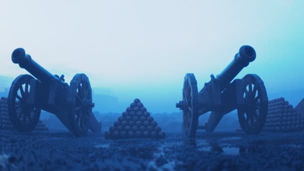 无限循环动画的武装复古大炮准备射击 战争期间肮脏潮湿多雾的战场以多云的天空为背景战斗 准备装上枪管的炮弹 — 图库视频影像