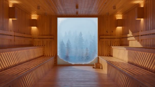 Piękna Ciepła Drewniana Sauna Dużym Mroźnym Oknem Zimnym Niebieskim Lasem — Wideo stockowe