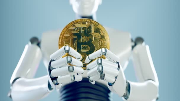 Animation Mit Einer Metallischen Roboterhand Die Eine Bitcoin Münze Auf — Stockvideo