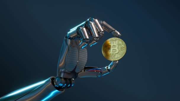 Animation Metallic Robotic Hand Holding Bitcoin Blue Background Символ Децентрализованной — стоковое видео